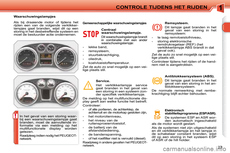 Peugeot 308 SW BL 2008  Handleiding (in Dutch) !
27
CONTROLE TIJDENS HET RIJDEN
 Als  bij  draaiende  motor  of  tijdens  het  
rijden  een  van  de  volgende  verklikker-
lampjes  gaat  branden,  wijst  dit  op  een 
storing in het desbetreffende