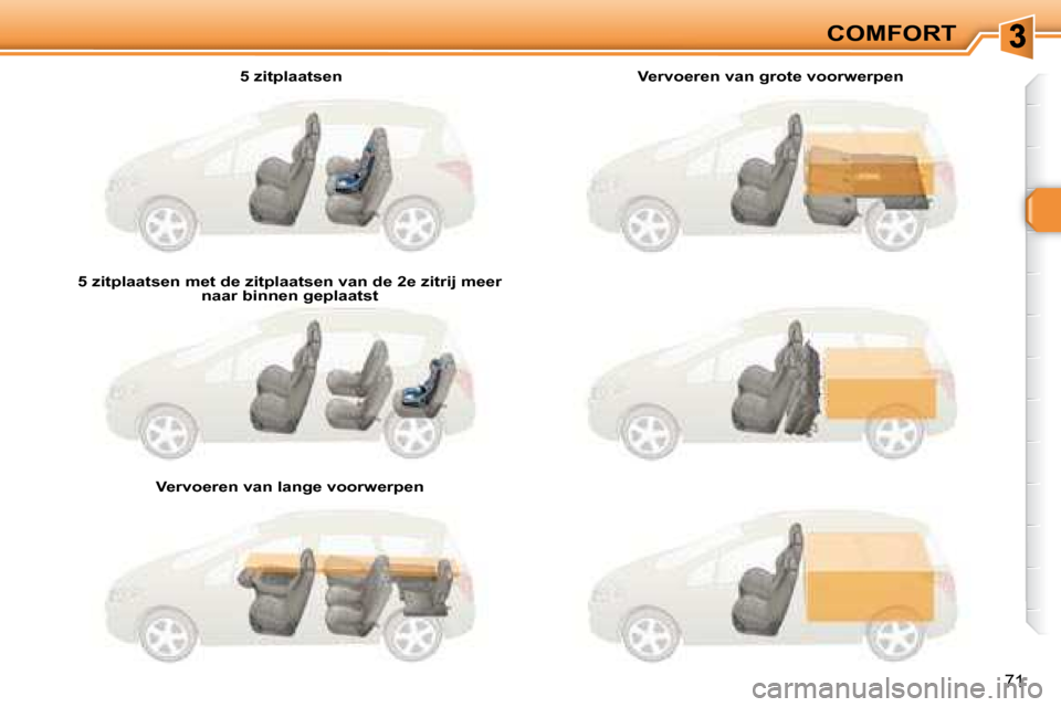 Peugeot 308 SW BL 2008  Handleiding (in Dutch) 71
COMFORT
  5 zitplaatsen  
  5 zitplaatsen met de zitplaatsen van de 2 e  zitrij meer  naar binnen geplaatst  
  Vervoeren van lange voorwerpen     Vervoeren van grote voorwerpen           