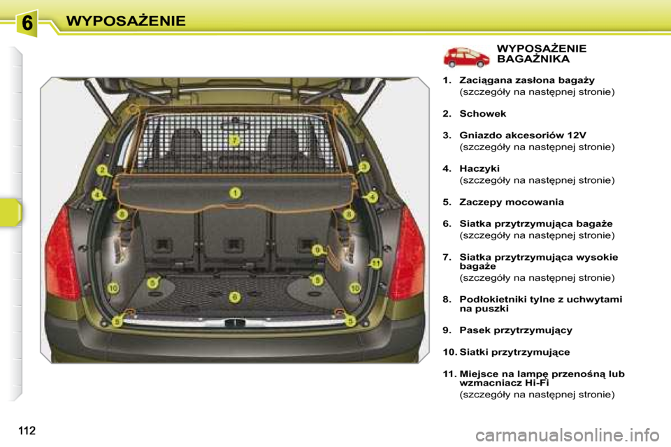 Peugeot 308 SW BL 2008  Instrukcja Obsługi (in Polish) �W�Y�P�O�S�AF�E�N�I�E
� � � � � � � � � � � � � � � �W�Y�P�O�S�AF�E�N�I�E� �B�A�G�AF�N�I�K�A� 
   
1.     �Z�a�c�i"�g�a�n�a� �z�a�s�ł�o�n�a� �b�a�g�aG�y     
�  �(�s�z�c�z�e�g�ó�ł�y� �n�a� �n�