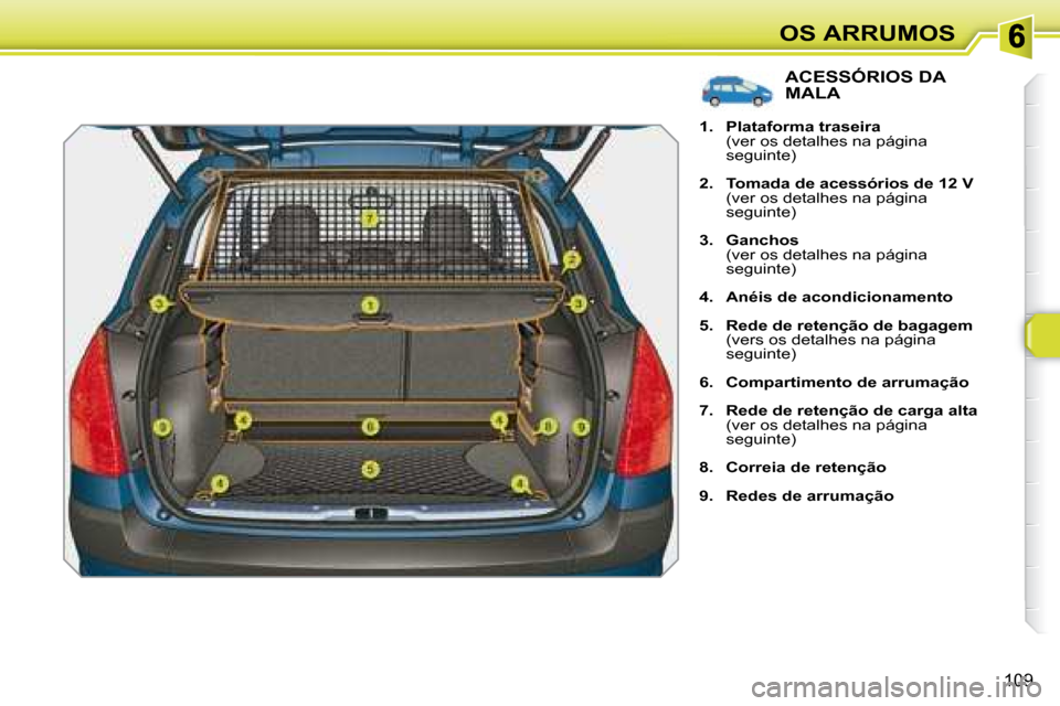 Peugeot 308 SW BL 2008  Manual do proprietário (in Portuguese) 109
OS ARRUMOS
               ACESSÓRIOS DA MALA 
   
1.     Plataforma traseira    
  (ver os detalhes na página  seguinte) 
  
2.     Tomada de acessórios de 12 V    
  (ver os detalhes na págin