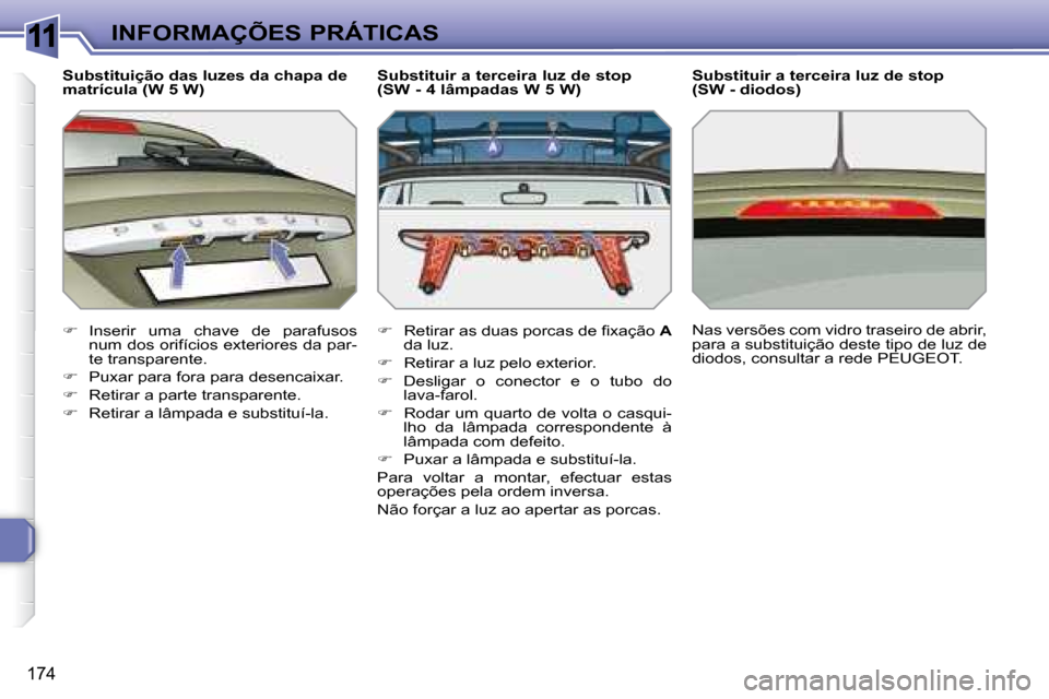 Peugeot 308 SW BL 2008  Manual do proprietário (in Portuguese) 11
174
 INFORMAÇÕES PRÁTICAS
  Substituição das luzes da chapa de  
matrícula (W 5 W)  
   
�    Inserir  uma  chave  de  parafusos 
�n�u�m� �d�o�s� �o�r�i�f�í�c�i�o�s� �e�x�t�e�r�i�o�r�e�s�
