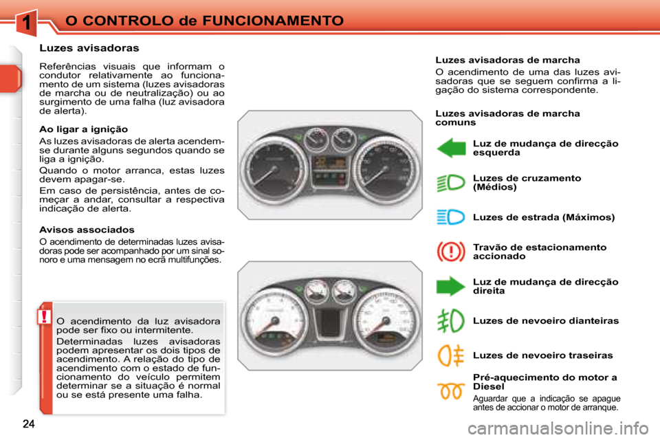 Peugeot 308 SW BL 2008  Manual do proprietário (in Portuguese) !
O CONTROLO de FUNCIONAMENTO
 O  acendimento  da  luz  avisadora  
�p�o�d�e� �s�e�r� �ﬁ� �x�o� �o�u� �i�n�t�e�r�m�i�t�e�n�t�e�.�  
 Determinadas  luzes  avisadoras  
podem apresentar os dois tipos 