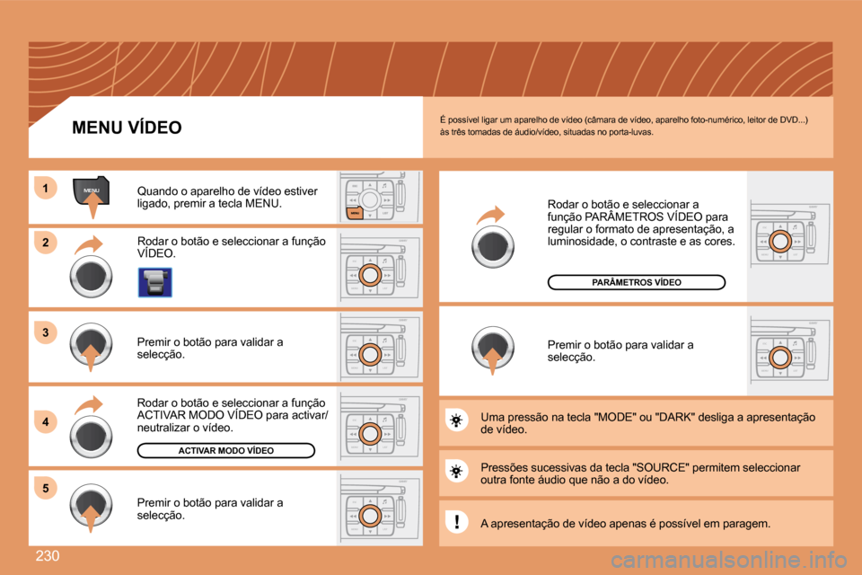 Peugeot 308 SW BL 2008  Manual do proprietário (in Portuguese) 230
ESC
MENU LIST
MENU11
22
ESC
MENU LIST
ESC
MENU LIST
33
44
ESC
MENU LIST55
ESC
MENU LIST
ESC
MENU LIST
 É possível ligar um aparelho de vídeo (câmara de v ídeo, aparelho foto-numérico, leitor