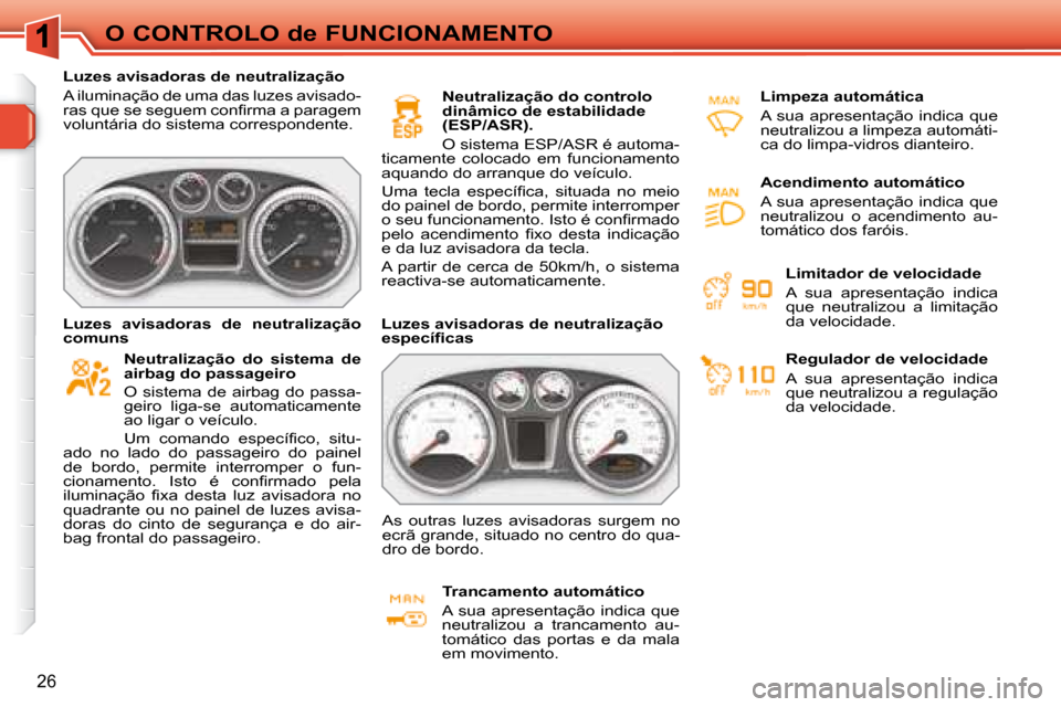 Peugeot 308 SW BL 2008  Manual do proprietário (in Portuguese) 26
O CONTROLO de FUNCIONAMENTO
   Luzes avisadoras de neutralização  
 A iluminação de uma das luzes avisado- 
�r�a�s� �q�u�e� �s�e� �s�e�g�u�e�m� �c�o�n�ﬁ� �r�m�a� �a� �p�a�r�a�g�e�m� 
voluntá