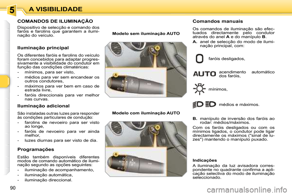 Peugeot 308 SW BL 2008  Manual do proprietário (in Portuguese) 90
A VISIBILIDADE
           COMANDOS DE ILUMINAÇÃO 
 Dispositivo de selecção e comando dos  
faróis  e  farolins  que  garantem  a  ilumi-
nação do veículo.  
  Iluminação principal 
 Os di
