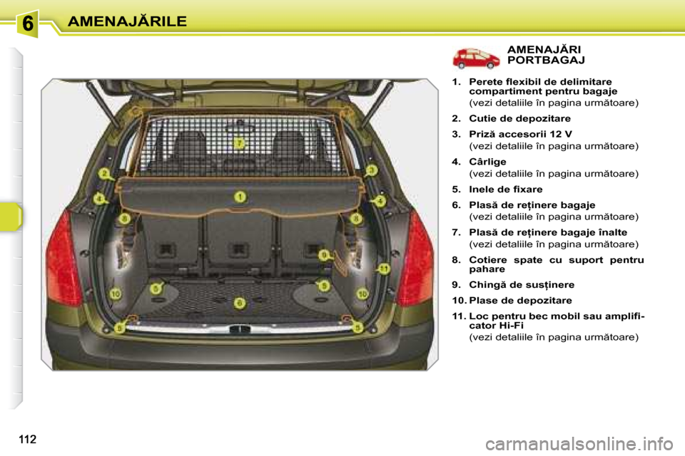 Peugeot 308 SW BL 2008  Manualul de utilizare (in Romanian) �A�M�E�N�A�J�R�I�L�E
� � � � � � � � � � � � � � � �A�M�E�N�A�J�R�I� PORTBAGAJ 
   
1.     �P�e�r�e�t�e� �ﬂ� �e�x�i�b�i�l� �d�e� �d�e�l�i�m�i�t�a�r�e�  
�c�o�m�p�a�r�t�i�m�e�n�t� �p�e�n�t�r�u� �