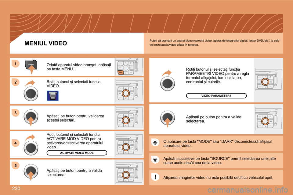 Peugeot 308 SW BL 2008  Manualul de utilizare (in Romanian) �2�3�0
ESC
MENU LIST
MENU11
22
ESC
MENU LIST
ESC
MENU LIST
33
44
ESC
MENU LIST55
ESC
MENU LIST
ESC
MENU LIST
� �P�u�t�e=�i� �s � �b�r�a�n�ş�a=�i� �u�n� �a�p�a�r�a�t� �v�i�d�e�o� �(�c�a�m�e�r � �v