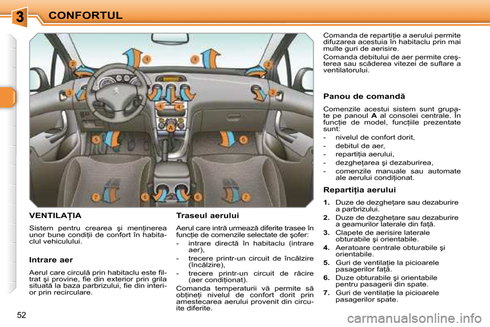 Peugeot 308 SW BL 2008  Manualul de utilizare (in Romanian) �5�2
CONFORTUL
� � � � � � � �V�E�N�T�I�L�A�I�A� 
� �S�i�s�t�e�m�  �p�e�n�t�r�u�  �c�r�e�a�r�e�a�  �ş�i�  �m�e�n=�i�n�e�r�e�a�  
�u�n�o�r�  �b�u�n�e�  �c�o�n�d�i=�i�i�  �d�e�  �c�o�n�f�o�r�t�  �