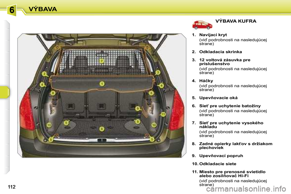 Peugeot 308 SW BL 2008  Užívateľská príručka (in Slovak) VÝBAVA
               VÝBAVA KUFRA 
   
1.     �N�a�v�í�j�a�c�í� �k�r�y�t�      
�  �(�v�i� �p�o�d�r�o�b�n�o�s�t�i� �n�a� �n�a�s�l�e�d�u�j�ú�c�e�j�  �s�t�r�a�n�e�)� 
  
2.     Odkladacia skrink