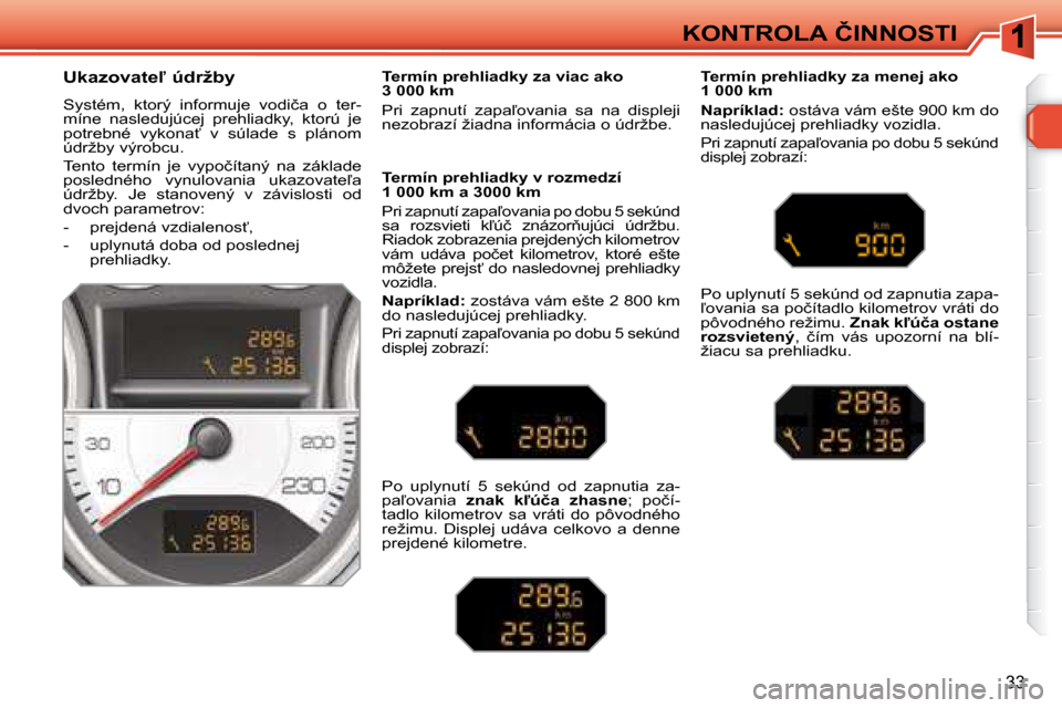 Peugeot 308 SW BL 2008  Užívateľská príručka (in Slovak) 33
�K�O�N�T�R�O�L�A� �Č�I�N�N�O�S�T�I
� � �U�k�a�z�o�v�a�t�e-� �ú�d�r�ž�b�y�  
� �S�y�s�t�é�m�,�  �k�t�o�r�ý�  �i�n�f�o�r�m�u�j�e�  �v�o�d�i�č�a�  �o�  �t�e�r�- 
�m�í�n�e�  �n�a�s�l�e�d�u�j�ú