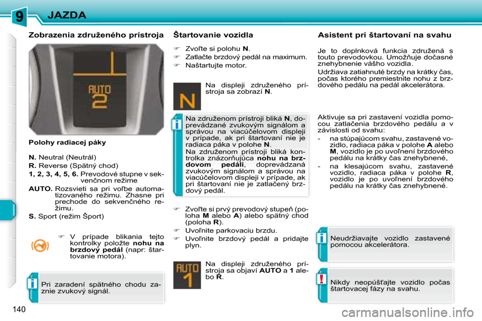 Peugeot 308 SW BL 2008  Užívateľská príručka (in Slovak) i
i
!i
�1�4�0
JAZDA
� � �Z�o�b�r�a�z�e�n�i�a� �z�d�r�u�ž�e�n�é�h�o� �p�r�í�s�t�r�o�j�a�  
� � �P�o�l�o�h�y� �r�a�d�i�a�c�e�j� �p�á�k�y�  � � �Š�t�a�r�t�o�v�a�n�i�e� �v�o�z�i�d�l�a� 
  
N. � � �N�