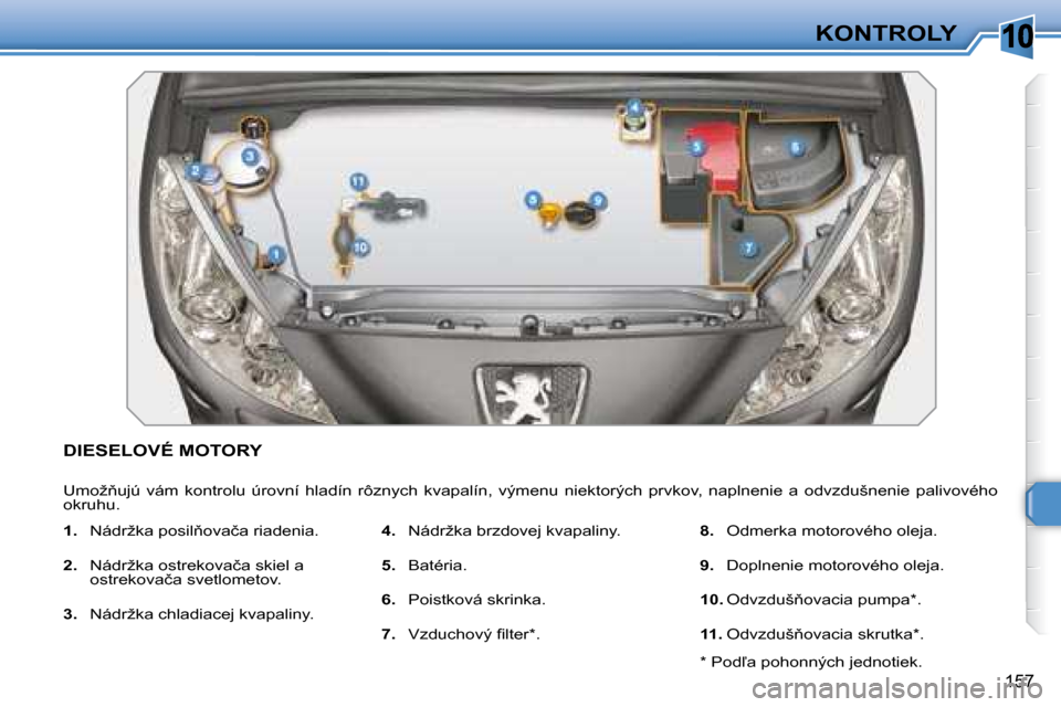 Peugeot 308 SW BL 2008  Užívateľská príručka (in Slovak) �1�0
�1�5�7
KONTROLY
� � � � � � � � � � � �D�I�E�S�E�L�O�V�É� �M�O�T�O�R�Y� 
� �U�m�o�ž3�u�j�ú�  �v�á�m�  �k�o�n�t�r�o�l�u�  �ú�r�o�v�n�í�  �h�l�a�d�í�n�  �r�ô�z�n�y�c�h�  �k�v�a�p�a�l�í�n�