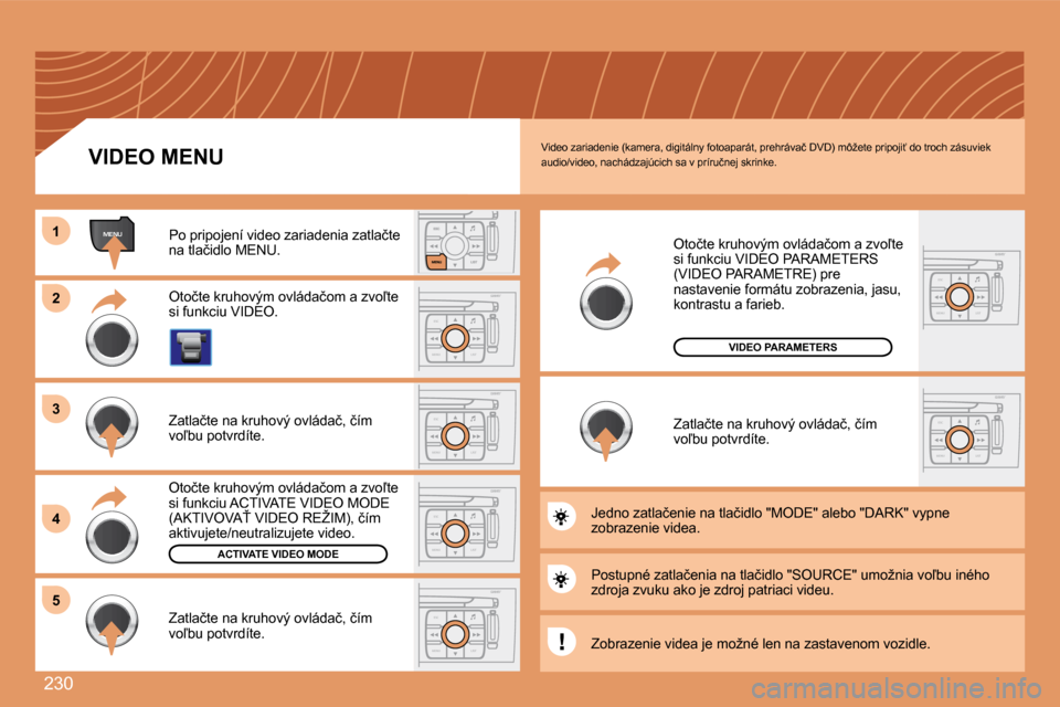 Peugeot 308 SW BL 2008  Užívateľská príručka (in Slovak) 230
ESC
MENU LIST
MENU11
22
ESC
MENU LIST
ESC
MENU LIST
33
44
ESC
MENU LIST55
ESC
MENU LIST
ESC
MENU LIST
� �V�i�d�e�o� �z�a�r�i�a�d�e�n�i�e� �(�k�a�m�e�r�a�,� �d�i�g�i�t�á�l�n�y� �f�o�t�o�a�p�a�r�á