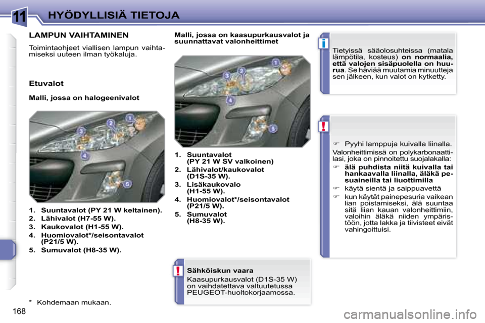 Peugeot 308 SW BL 2008 Omistajan käsikirja (in Finnish) 11
i
!
!
168
HYÖDYLLISIÄ TIETOJA
* Kohdemaan mukaan.
Sähköiskun vaara
Kaasupurkausvalot (D1S-35 W)
on vaihdatettava valtuutetussa
PEUGEOT -huoltokorjaamossa.
LAMPUN VAIH Peugeot 308 SW BL 2008 Omistajan käsikirja (in Finnish) 11
i
!
!
168
HYÖDYLLISIÄ TIETOJA
* Kohdemaan mukaan.
Sähköiskun vaara
Kaasupurkausvalot (D1S-35 W)
on vaihdatettava valtuutetussa
PEUGEOT -huoltokorjaamossa.
LAMPUN VAIH