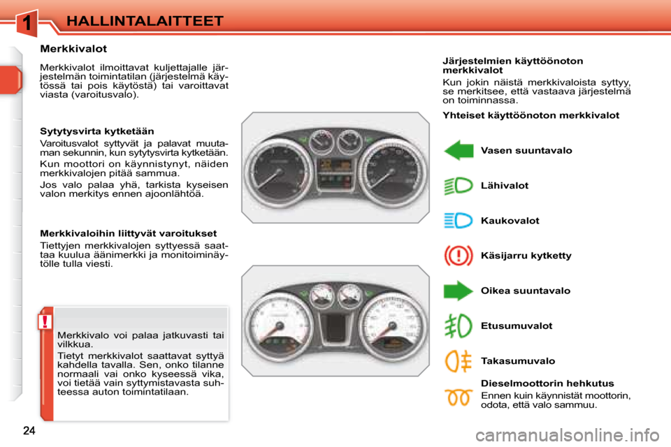 Peugeot 308 SW BL 2008 Omistajan käsikirja (in Finnish) !
HALLINTALAITTEET
Merkkivalo voi palaa jatkuvasti tai
vilkkua.
Tietyt merkkivalot saattavat syttyä
kahdella tavalla. Sen, onko tilanne
normaali vai onko kyseessä vika,
vo Peugeot 308 SW BL 2008 Omistajan käsikirja (in Finnish) !
HALLINTALAITTEET
Merkkivalo voi palaa jatkuvasti tai
vilkkua.
Tietyt merkkivalot saattavat syttyä
kahdella tavalla. Sen, onko tilanne
normaali vai onko kyseessä vika,
vo