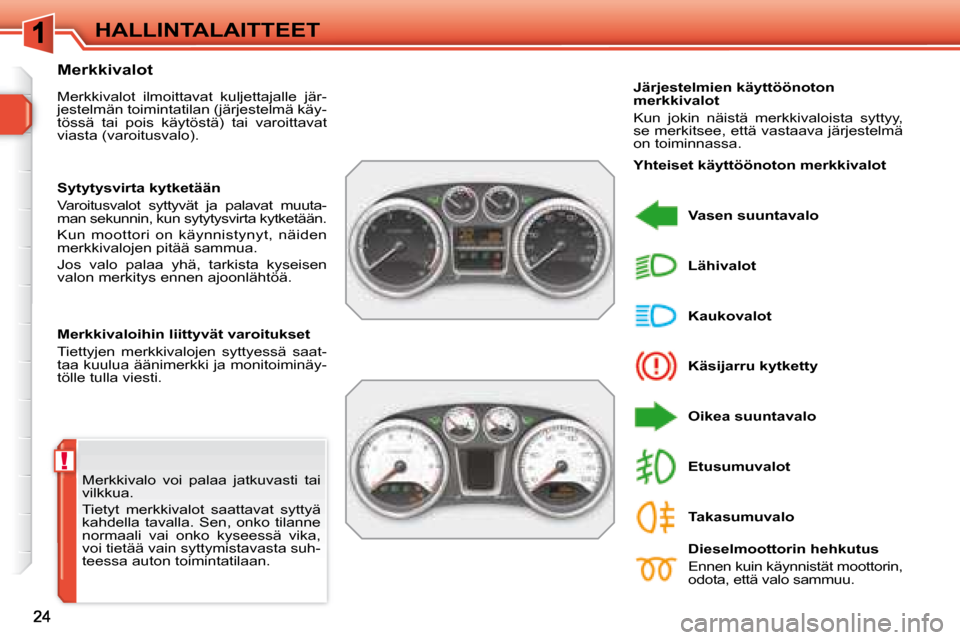 Peugeot 308 SW BL 2008  Omistajan käsikirja (in Finnish) !
 HALLINTALAITTEET 
 Merkkivalo  voi  palaa  jatkuvasti  tai  
vilkkua.  
 Tietyt  merkkivalot  saattavat  syttyä  
kahdella  tavalla.  Sen,  onko  tilanne 
normaali  vai  onko  kyseessä  vika, 
vo