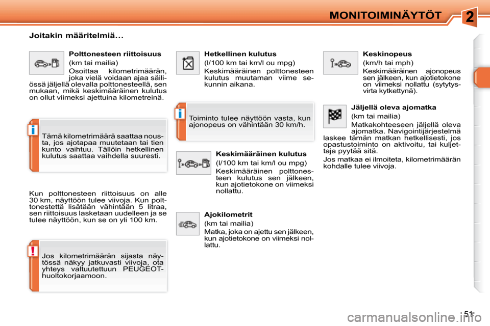 Peugeot 308 SW BL 2008  Omistajan käsikirja (in Finnish) !
i
i
51
MONITOIMINÄYTÖT
  Joitakin määritelmiä…  
 Kun  polttonesteen  riittoisuus  on  alle  
30 km, näyttöön tulee viivoja. Kun polt-
tonestettä  lisätään  vähintään  5  litraa, 
s