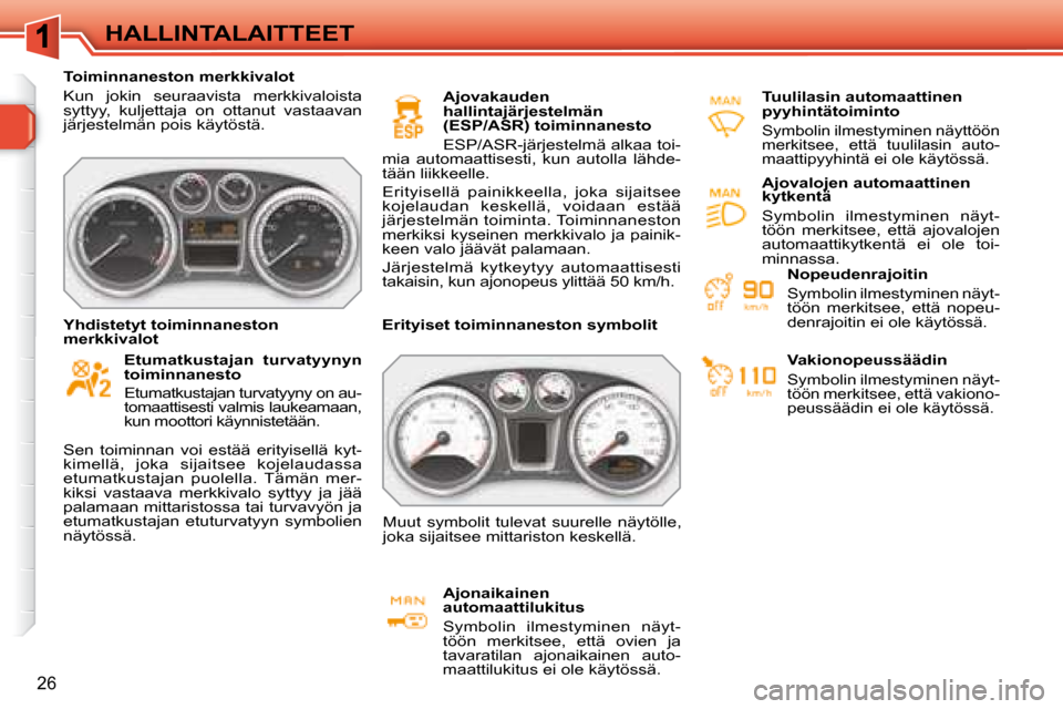 Peugeot 308 SW BL 2008 Omistajan käsikirja (in Finnish) 26
HALLINTALAITTEET
Toiminnaneston merkkivalot
Kun jokin seuraavista merkkivaloista
syttyy, kuljettaja on ottanut vastaavan
järjestelmän pois käytöstä.
Etumatkustajan tu Peugeot 308 SW BL 2008 Omistajan käsikirja (in Finnish) 26
HALLINTALAITTEET
Toiminnaneston merkkivalot
Kun jokin seuraavista merkkivaloista
syttyy, kuljettaja on ottanut vastaavan
järjestelmän pois käytöstä.
Etumatkustajan tu
