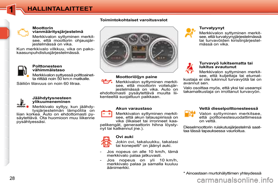 Peugeot 308 SW BL 2008 Omistajan käsikirja (in Finnish) 28
HALLINTALAITTEET Moottorin
vianmääritysjärjestelmä
Merkkivalon syttyminen merkit-
see, että moottorin ohjausjär-
jestelmässä on vika.
Kun merkkivalo vilkkuu, vika on pako- Peugeot 308 SW BL 2008 Omistajan käsikirja (in Finnish) 28
HALLINTALAITTEET Moottorin
vianmääritysjärjestelmä
Merkkivalon syttyminen merkit-
see, että moottorin ohjausjär-
jestelmässä on vika.
Kun merkkivalo vilkkuu, vika on pako-