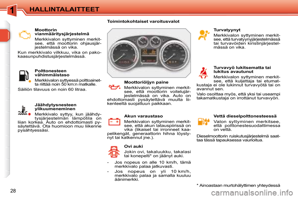 Peugeot 308 SW BL 2008  Omistajan käsikirja (in Finnish) 28
 HALLINTALAITTEET    Moottorin  
vianmääritysjärjestelmä  
  Merkkivalon  syttyminen  merkit- 
see,  että  moottorin  ohjausjär-
jestelmässä on vika. 
 Kun merkkivalo vilkkuu, vika on pako-