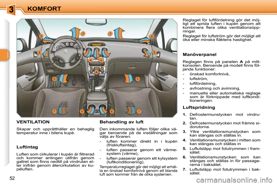 Peugeot 308 SW BL 2008 Ägarmanual (in Swedish) 52
KOMFORT
VENTILATION
Skapar och upprätthåller en behaglig
temperatur inne i bilens kupé. Behandling av luft
Den inkommande luften följer olika vä-
gar beroende på Peugeot 308 SW BL 2008 Ägarmanual (in Swedish) 52
KOMFORT
VENTILATION
Skapar och upprätthåller en behaglig
temperatur inne i bilens kupé. Behandling av luft
Den inkommande luften följer olika vä-
gar beroende på