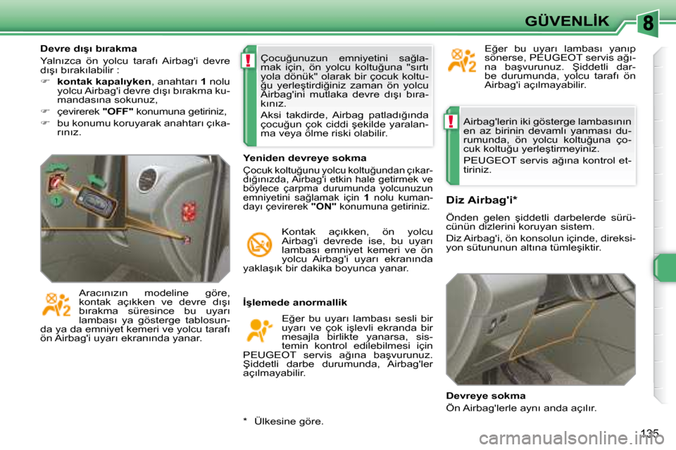 Peugeot 308 SW BL 2008  Kullanım Kılavuzu (in Turkish) !
!
�1�3�5
�G�Ü�V�E�N�L�İ�K
� �A�i�r�b�a�g��l�e�r�i�n� �i�k�i� �g�ö�s�t�e�r�g�e� �l�a�m�b�a�s�ı�n�ı�n�  
�e�n�  �a�z�  �b�i�r�i�n�i�n�  �d�e�v�a�m�l�ı�  �y�a�n�m�a�s�ı�  �d�u�-
�r�u�m�u�n�d�a�