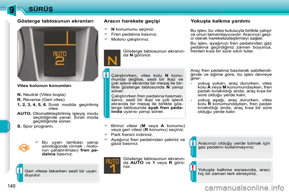 Peugeot 308 SW BL 2008  Kullanım Kılavuzu (in Turkish) i
i
!i
�1�4�0
�S�Ü�R�Ü�Ş
� � �G�ö�s�t�e�r�g�e� �t�a�b�l�o�s�u�n�u�n� �e�k�r�a�n�l�a�r�ı� 
� � �V�i�t�e�s� �k�o�l�u�n�u�n� �k�o�n�u�m�l�a�r�ı� 
� � �A�r�a�c�ı�n� �h�a�r�e�k�e�t�e� �g�e�ç�i�ş�i