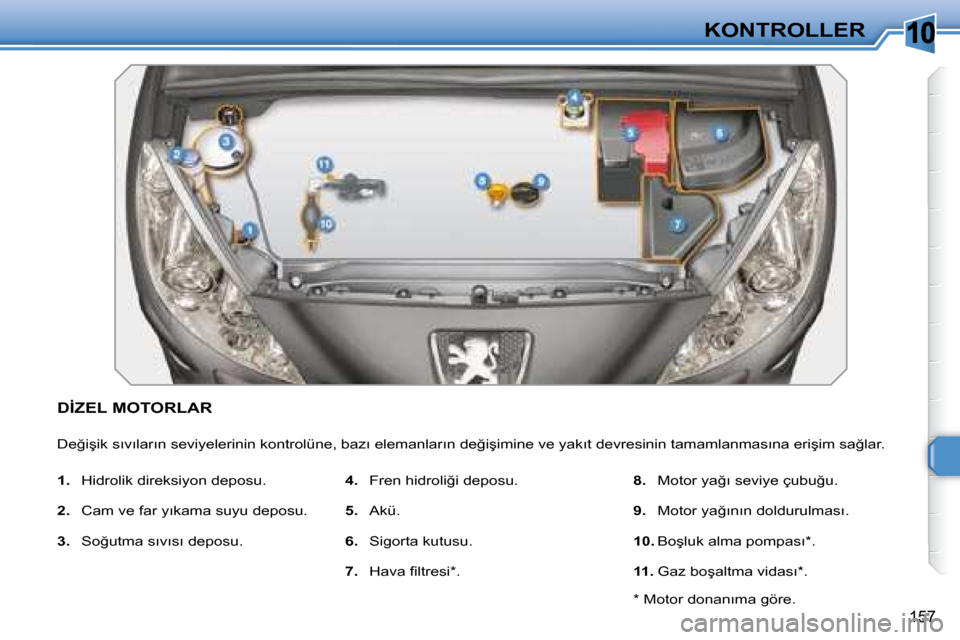 Peugeot 308 SW BL 2008  Kullanım Kılavuzu (in Turkish) �1�0
�1�5�7
�K�O�N�T�R�O�L�L�E�R
� � � � � � � � � � � �D�İ�Z�E�L� �M�O�T�O�R�L�A�R� 
� �D�e�ğ�i�ş�i�k� �s�ı�v�ı�l�a�r�ı�n� �s�e�v�i�y�e�l�e�r�i�n�i�n� �k�o�n�t�r�o�l�ü�n�e�,� �b�a�z�ı� �e�l�e