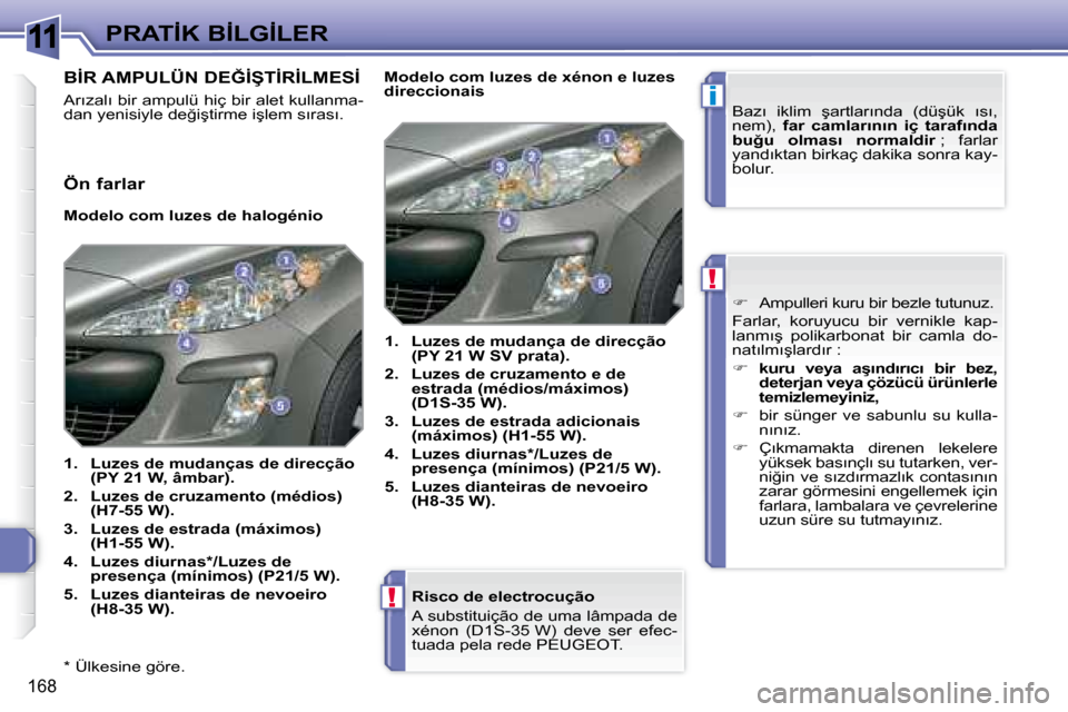 Peugeot 308 SW BL 2008  Kullanım Kılavuzu (in Turkish) 11
i
!
!
168
�P�R�A�T�İ�K� �B�İ�L�G�İ�L�E�R
� � �*� � � �Ü�l�k�e�s�i�n�e� �g�ö�r�e�.� � � � � �R�i�s�c�o� �d�e� �e�l�e�c�t�r�o�c�u�ç�ã�o�  
� � � �A� �s�u�b�s�t�i�t�u�i�ç�ã�o� �d�e� �u�m�a� �