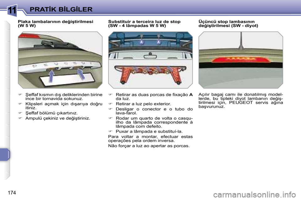 Peugeot 308 SW BL 2008  Kullanım Kılavuzu (in Turkish) 11
�1�7�4
�P�R�A�T�İ�K� �B�İ�L�G�İ�L�E�R
� � �P�l�a�k�a� �l�a�m�b�a�l�a�r�ı�n�ı�n� �d�e�ğ�i�ş�t�i�r�i�l�m�e�s�i 
�(�W� �5� �W�)�  
   
� � �  �Ş�e�f�f�a�f� �k�ı�s�m�ı�n� �d�ı�ş� �d�e�l�