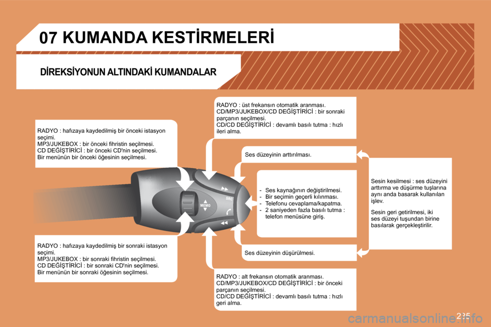Peugeot 308 SW BL 2008  Kullanım Kılavuzu (in Turkish) �2�3�5
�0�7
� �R�A�D�Y�O� �:� �h�a�f�ı�z�a�y�a� �k�a�y�d�e�d�i�l�m�i�ş� �b�i�r� �ö�n�c�e�k�i� �i�s�t�a�s�y�o�n� seçimi. � �M�P�3�/�J�U�K�E�B�O�X� �:� �b�i�r� �ö�n�c�e�k�i� �ﬁ� �h�r�i�s�t�i�n� �