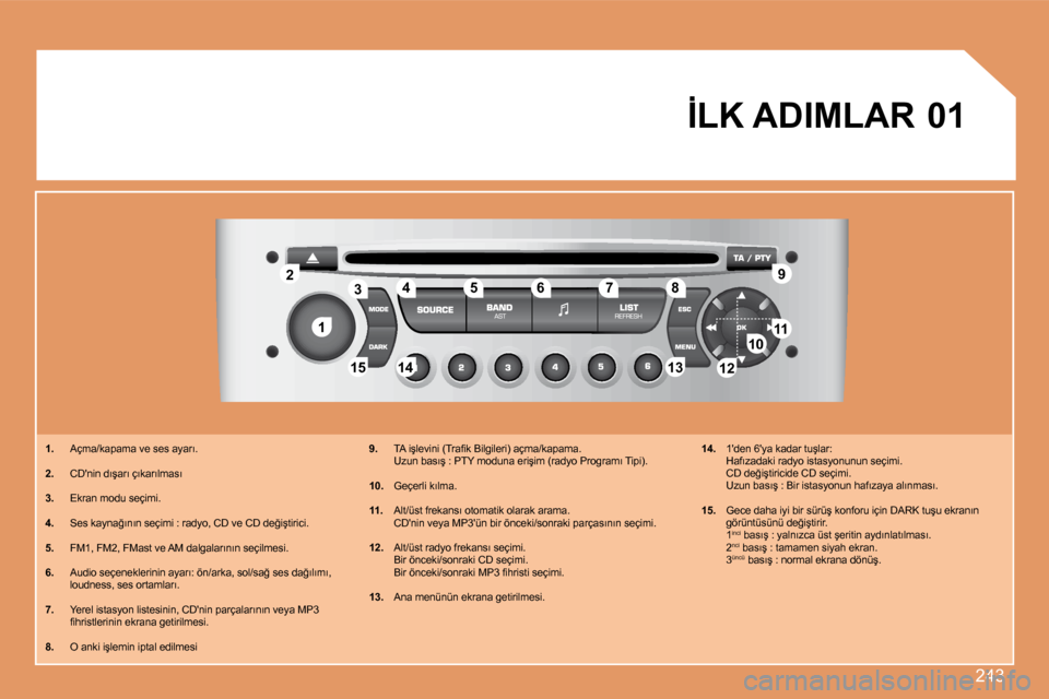 Peugeot 308 SW BL 2008  Kullanım Kılavuzu (in Turkish) �2�4�3
11
22
�1�0�1�01111
131314141515
33445566778899
1212
�0�1� �İ�L�K� �A�D�I�M�L�A�R� 
   1. �  �A�ç�m�a�/�k�a�p�a�m�a� �v�e� �s�e�s� �a�y�a�r�ı�.� 
  2. �  �C�D��n�i�n� �d�ı�ş�a�r�ı� �ç�ı