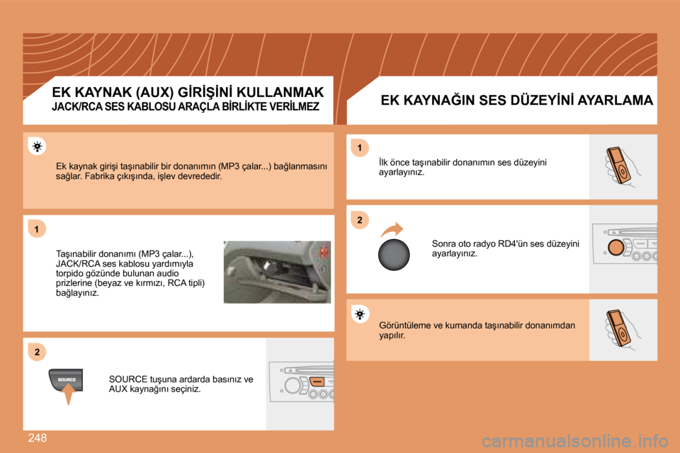 Peugeot 308 SW BL 2008  Kullanım Kılavuzu (in Turkish) �2�4�8
11
22
22
11
� �G�ö�r�ü�n�t�ü�l�e�m�e� �v�e� �k�u�m�a�n�d�a� �t�a�ş�ı�n�a�b�i�l�i�r� �d�o�n�a�n�ı�m�d�a�n� �y�a�p�ı�l�ı�r�.� 
� �İ�l�k� �ö�n�c�e� �t�a�ş�ı�n�a�b�i�l�i�r� �d�o�n�a�n�