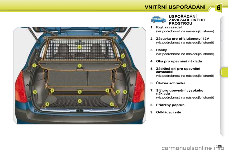 Peugeot 308 SW BL 2008  Návod k obsluze (in Czech) 109
�V�N�I�T8�N�Í� �U�S�P�O8�Á�D�Á�N�Í
� � � � � � � � � � � � � � � �U�S�P�O8�Á�D�Á�N�Í� ZAVAZADLOVÉHO PROSTROU    
1.     �K�r�y�t� �z�a�v�a�z�a�d�e�l   
�  �(�v�i�z� �p�o�d�r�o�b�n�o�s�t