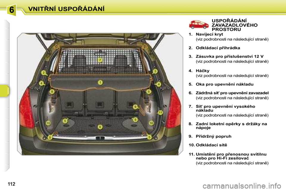 Peugeot 308 SW BL 2008  Návod k obsluze (in Czech) �V�N�I�T8�N�Í� �U�S�P�O8�Á�D�Á�N�Í
� � � � � � � � � � � � � � � �U�S�P�O8�Á�D�Á�N�Í� ZAVAZADLOVÉHO PROSTORU    
1.     �N�a�v�í�j�e�c�í� �k�r�y�t     
�  �(�v�i�z� �p�o�d�r�o�b�n�o�s�t�i