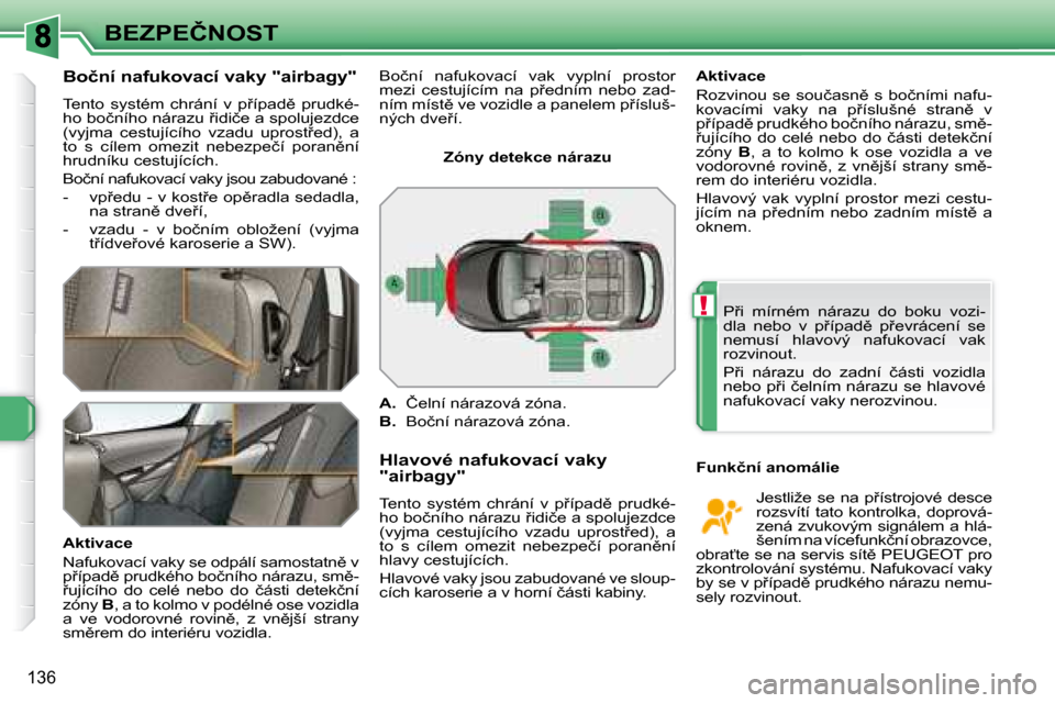 Peugeot 308 SW BL 2008  Návod k obsluze (in Czech) !
136
�B�E�Z�P�E�Č�N�O�S�T
� � �B�o�č�n�í� �n�a�f�u�k�o�v�a�c�í� �v�a�k�y� �"�a�i�r�b�a�g�y�"�  
� �T�e�n�t�o�  �s�y�s�t�é�m�  �c�h�r�á�n�í�  �v�  �p9�í�p�a�d)�  �p�r�u�d�k�é�- 
�h�o� �b�o�