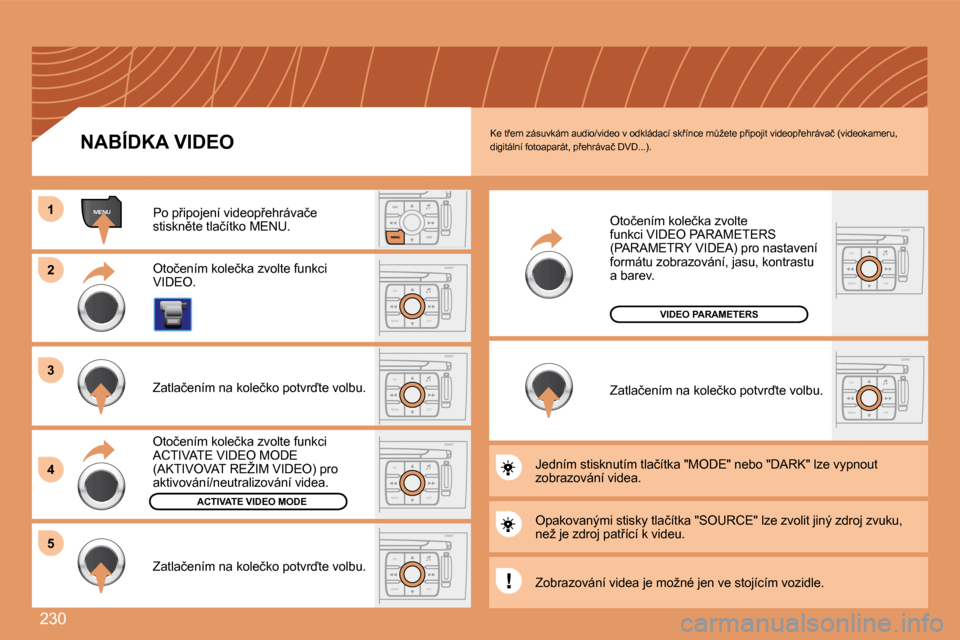 Peugeot 308 SW BL 2008  Návod k obsluze (in Czech) 230
ESC
MENU LIST
MENU11
22
ESC
MENU LIST
ESC
MENU LIST
33
44
ESC
MENU LIST55
ESC
MENU LIST
ESC
MENU LIST
� �K�e� �t9�e�m� �z�á�s�u�v�k�á�m� �a�u�d�i�o�/�v�i�d�e�o� �v� �o�d�k�l�á�d�a�c�í� �s�k9