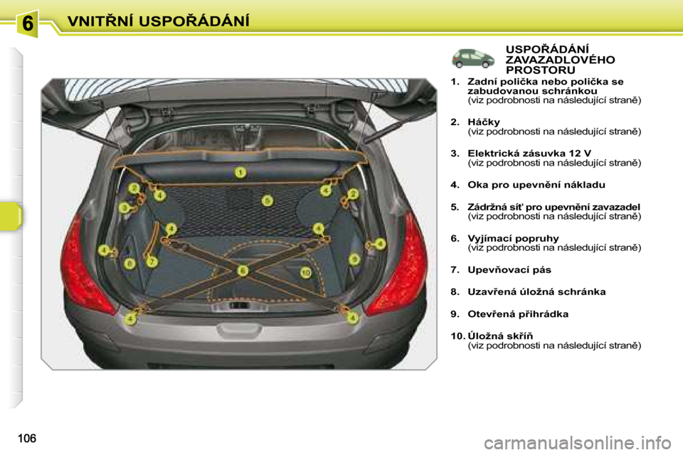 Peugeot 308 SW BL 2008  Návod k obsluze (in Czech) �V�N�I�T8�N�Í� �U�S�P�O8�Á�D�Á�N�Í� � �U�S�P�O8�Á�D�Á�N�Í�  
ZAVAZADLOVÉHO 
PROSTORU 
   
1.     �Z�a�d�n�í� �p�o�l�i�č�k�a� �n�e�b�o� �p�o�l�i�č�k�a� �s�e�  
�z�a�b�u�d�o�v�a�n�o�u� �s�
