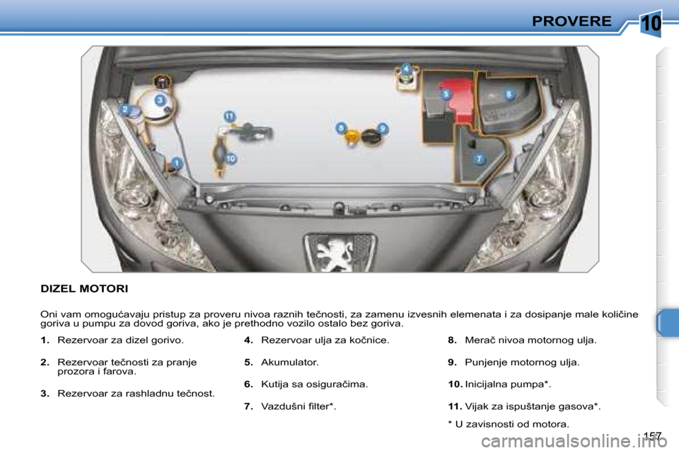 Peugeot 308 SW BL 2008  Упутство за употребу (in Serbian) 10
157
PROVERE
           DIZEL MOTORI 
� �O�n�i� �v�a�m� �o�m�o�g�u�ć�a�v�a�j�u� �p�r�i�s�t�u�p� �z�a� �p�r�o�v�e�r�u� �n�i�v�o�a� �r�a�z�n�i�h� �t�e�č�n�o�s�t�i�,� �z�a� �z�a�m�e�n�u� �i�z�v�e�s�n