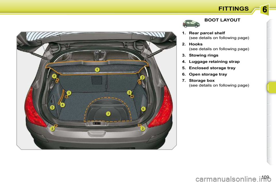 Peugeot 308 SW BL Dag 2009.5  Owners Manual 109
FITTINGS
BOOT LAYOUT 
    
1.     Rear    
parcel    
shelf    
  (see details on following page)  
  
2.     Hooks    
  (see details on following page) 
  
3.     Stowing rings   
  
4.     Lugg