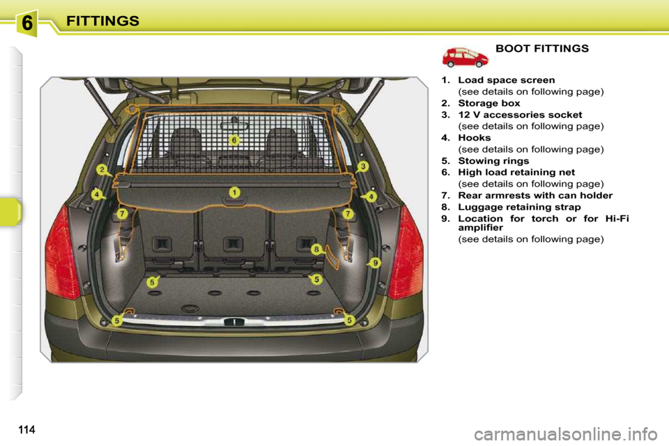 Peugeot 308 SW BL Dag 2009.5  Owners Manual FITTINGS
BOOT FITTINGS 
   
1.     Load space screen    
  (see details on following page)  
  
2.     Storage box   
  
3.     12 V   
 accessories socket    
  (see details on following page) 
  
4.