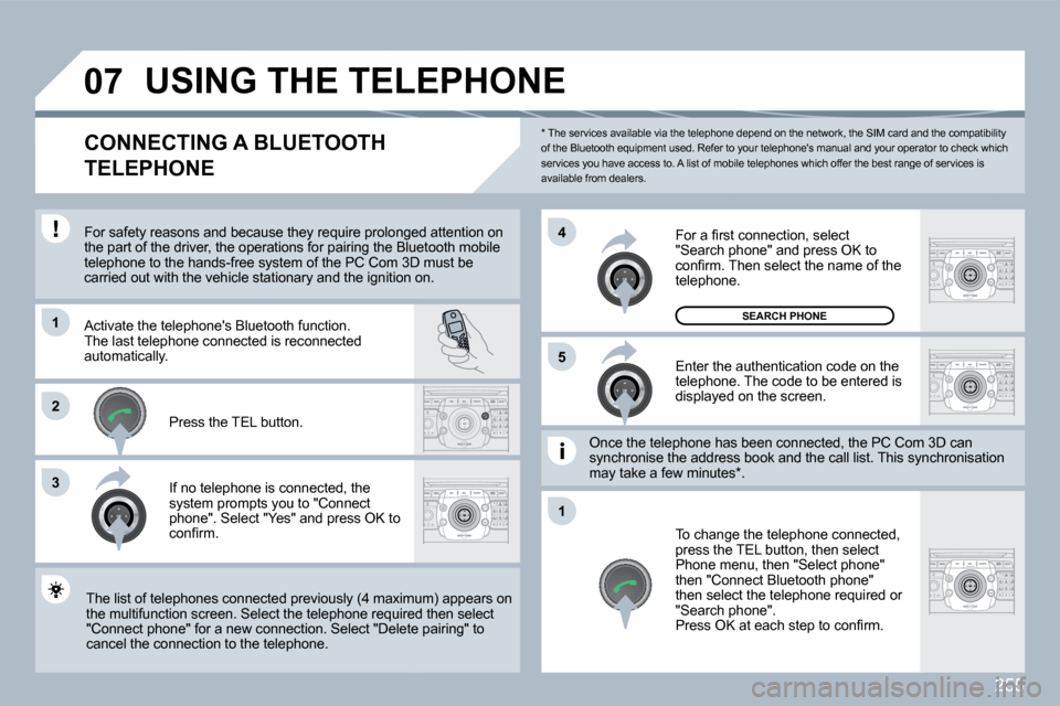 Peugeot 308 SW BL Dag 2009.5  Owners Manual 255
�0�7
�1
3
�5
�4
�2
�1
  *   The services available via the telephone depend on the network, the SIM card and the compatibili ty of the Bluetooth equipment used. Refer to your telephones manual an