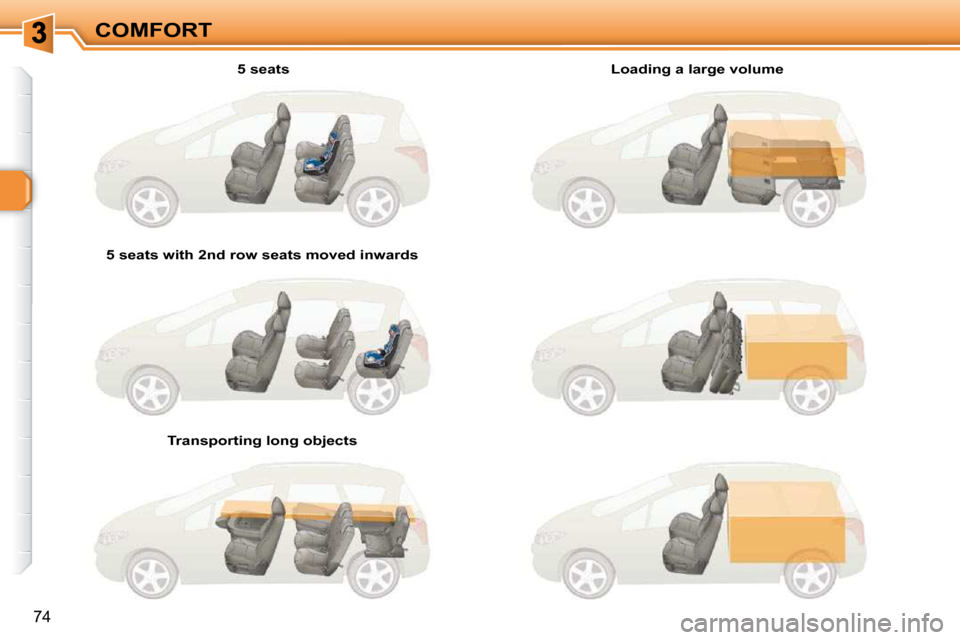 Peugeot 308 SW BL Dag 2009.5 Workshop Manual 74
COMFORT  5 seats  
� � �5� �s�e�a�t�s� �w�i�t�h� �2�n�d� �r�o�w� �s�e�a�t�s� �m�o�v�e�d� �i�n�w�a�r�d�s� � 
� � �T�r�a�n�s�p�o�r�t�i�n�g� �l�o�n�g� �o�b�j�e�c�t�s� �  � � �L�o�a�d�i�n�g� �a� �l�a�r