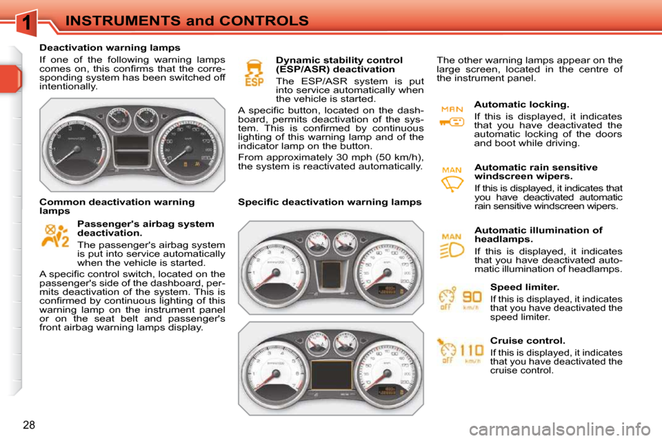 Peugeot 308 SW BL Dag 2009.5  Owners Manual 28
INSTRUMENTS and CONTROLS
   Deactivation warning lamps  
 If  one  of  the  following  warning  lamps  
�c�o�m�e�s�  �o�n�,�  �t�h�i�s�  �c�o�n�ﬁ� �r�m�s�  �t�h�a�t�  �t�h�e�  �c�o�r�r�e�-
spondi