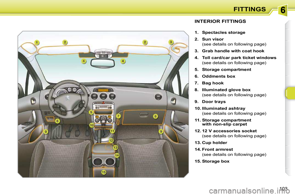 Peugeot 308 SW BL Dag 2009.5 Owners Manual 103
FITTINGS
INTERIOR FITTINGS 
   
1.     Spectacles storage   
  
2.     Sun visor    
  (see details on following page)  
  
3.     Grab handle with coat hook   
  
4.     Toll card/car park ticket