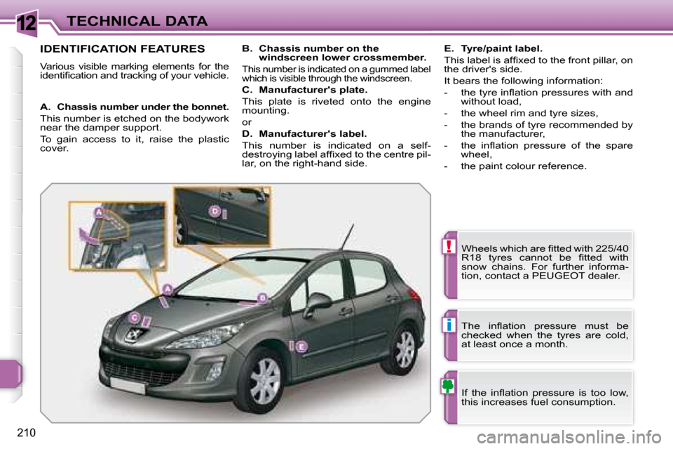 Peugeot 308 SW BL Dag 2008  Owners Manual 12
!
i
210
TECHNICAL DATA
                   IDENTIFICATION FEATURES 
 Various  visible  marking  elements  for  the  
�i�d�e�n�t�i�ﬁ� �c�a�t�i�o�n� �a�n�d� �t�r�a�c�k�i�n�g� �o�f� �y�o�u�r� �v�e�h�