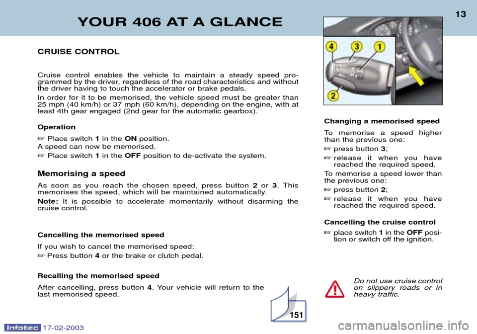 Peugeot 406 Break 2003 User Guide 17-02-2003
Memorising a speed As soon as you reach the chosen speed, press button 2 or 3. This
memorises the speed, which will be maintained automatically. Note:  It is possible to accelerate momentar