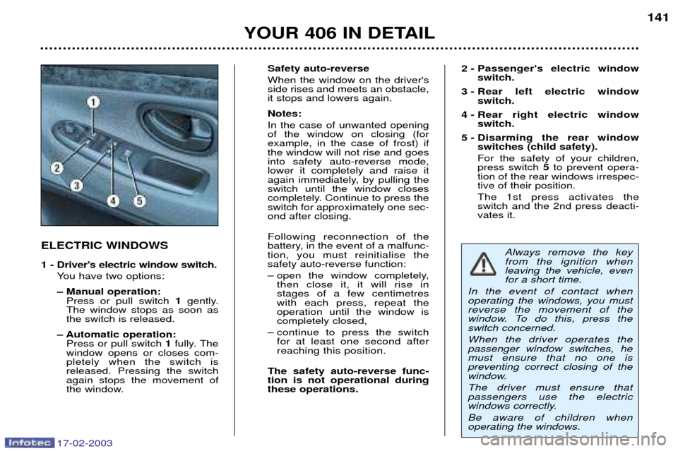 Peugeot 406 Break 2003 Owners Manual 17-02-2003
ELECTRIC WINDOWS
1 - Drivers electric window switch.You have two options:
Ð Manual operation:Press or pull switch 1gently.
The window stops as soon as the switch is released.
Ð Automa Peugeot 406 Break 2003 Owners Manual 17-02-2003
ELECTRIC WINDOWS
1 - Drivers electric window switch.You have two options:
Ð Manual operation:Press or pull switch 1gently.
The window stops as soon as the switch is released.
Ð Automa