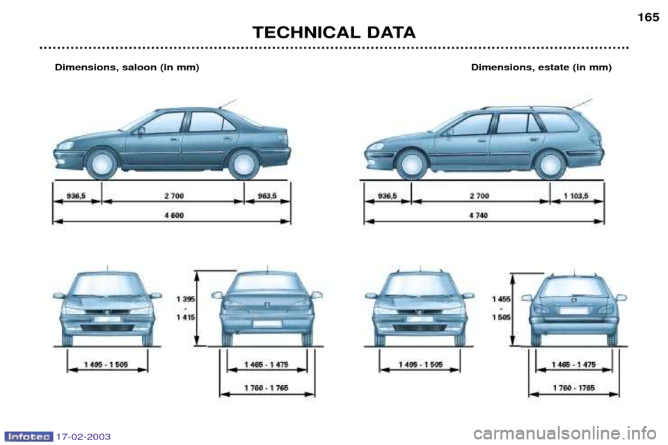 Peugeot 406 Break 2003  Owners Manual 17-02-2003
TECHNICAL DATA165
Dimensions, saloon (in mm) Dimensions, estate (in mm)  