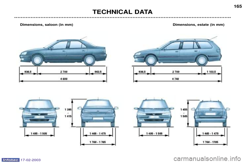 Peugeot 406 Break 2003 Owners Manual 17-02-2003
TECHNICAL DATA165
Dimensions, saloon (in mm) Dimensions, estate (in mm) Peugeot 406 Break 2003 Owners Manual 17-02-2003
TECHNICAL DATA165
Dimensions, saloon (in mm) Dimensions, estate (in mm)